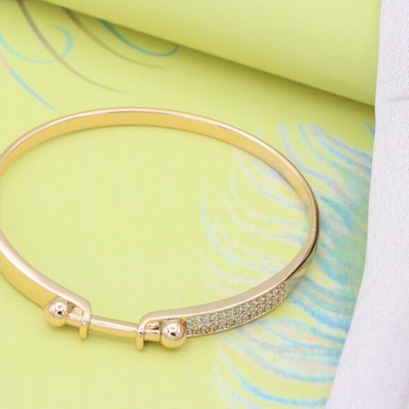 Rose Gold Bangle with Ball-End Design and Crystal Pavé Accent, XPBL0566 - Picture 2 of 12